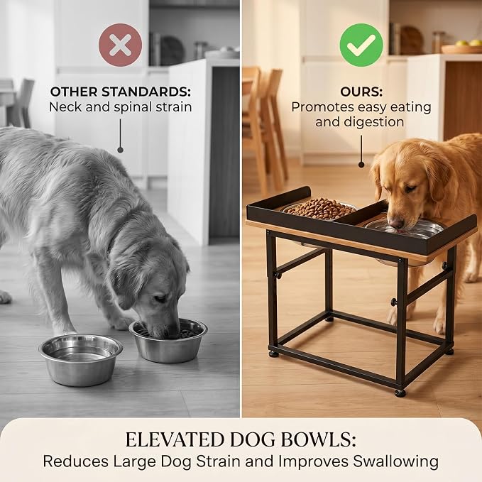 Wooden Elevated Dog Bowls, 5 Heights Adjustable 16.1-21.7" for Large Senior Dogs, Splash-Proof Guard Sturdy Iron Base,2×4L 304 Stainless Steel Bowls, Reduces Joint Pain, Non-Slip Feet - Image 4