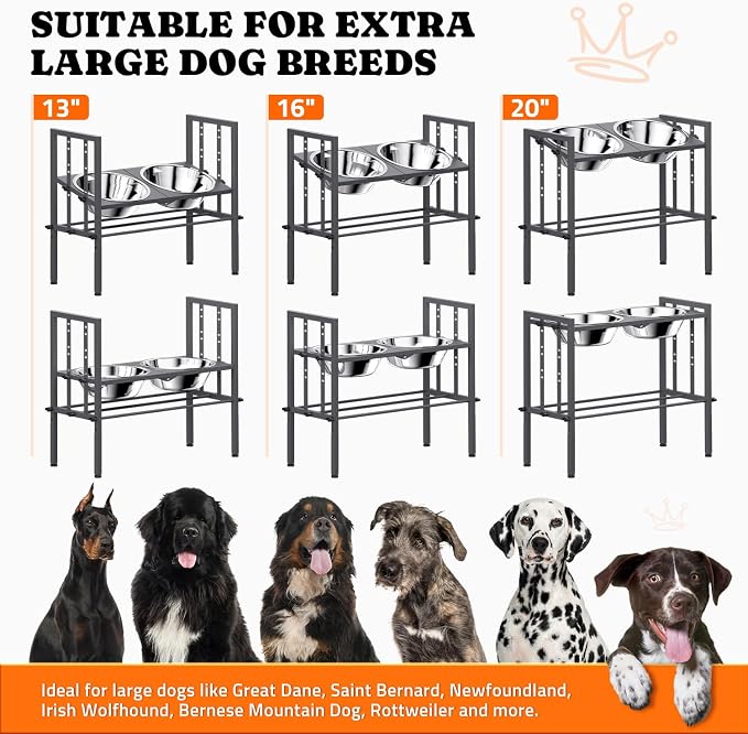 Elevated Dog Bowl for Large Breed, Height Adjustable Feeder with Mat, Gery | Adjustable Height at 15°Tilted Angle, Lightweight, Nonslip, All-Iron Structure, Stainless Steel bowls, Easy Assembly Cleaning - Image 2