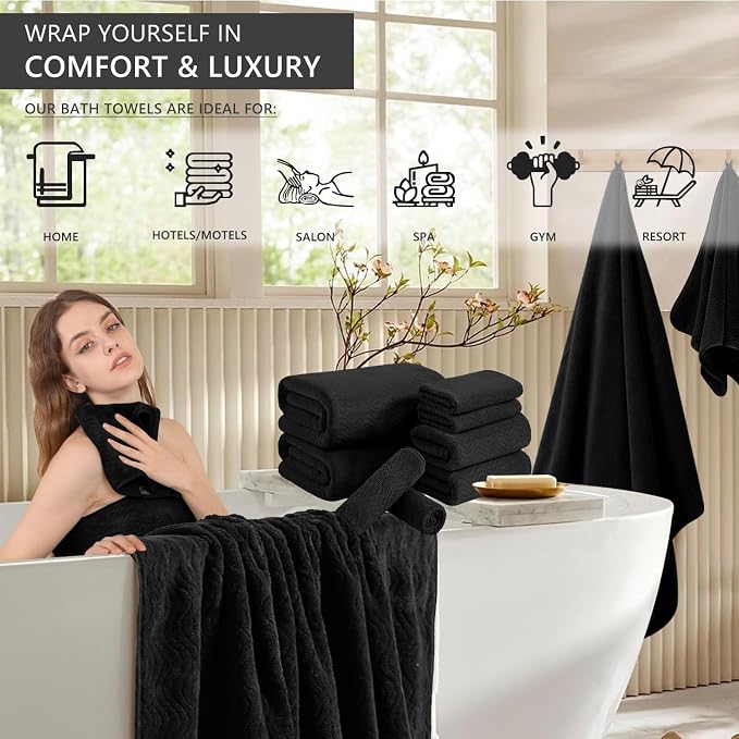 8 Piece Bath Towel Set Black|2 Oversized Large Bath Sheet,2 Hand Towels,4 Washcloths| Ultra Soft Cozy Bath Towel Set for Bathroom Hotel Gym Spa,Highly Absorbent & Quick Dry Bathroom Towel Collections - Image 3
