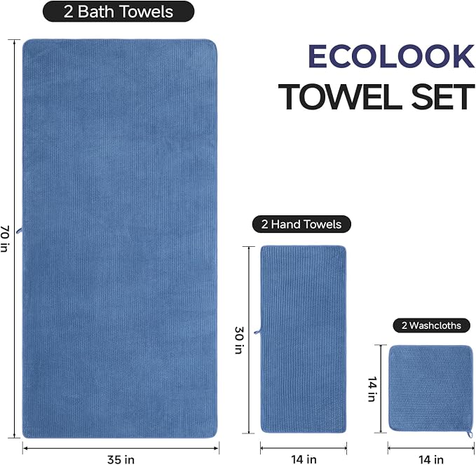 ecolook Microfiber Large Bath Towel Set of 6, Soft & Highly Absorbent, Blue | 2 Oversized Bath Towels (35"x70"), 2 Hand & 2 Washcloths | Quick Dry, Low Lint Towels for Bathroom, Spa, Gym, Hotel & Travel - Image 3