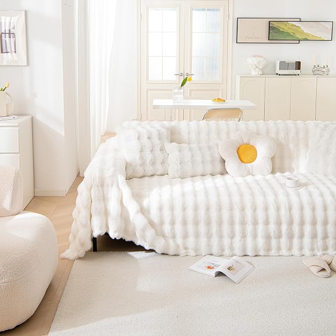 White Faux Rabbit Fur Couch Sofa Cover for 2-3 Seater Couches, XLarge | 1 Piece Fluffy Couch Cover Washable Non-Slip Sofa Slipcover for Dogs Cats Soft Warm Furniture Protector for Home, 71''x134'' by REYOSGetCozyLife