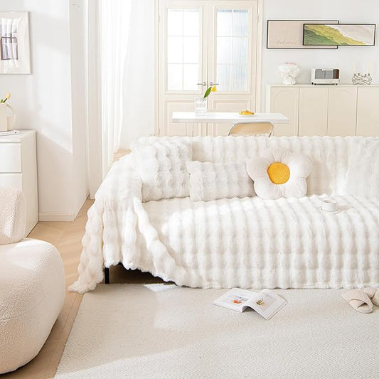 White Faux Rabbit Fur Couch Sofa Cover for 2-3 Seater Couches, XLarge | 1 Piece Fluffy Couch Cover Washable Non-Slip Sofa Slipcover for Dogs Cats Soft Warm Furniture Protector for Home, 71''x134'' by REYOSGetCozyLife
