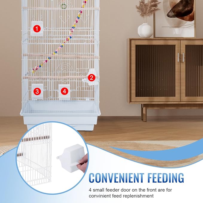FDW 39 Inch Bird Cage Parakeet Cage with Play Top Rolling Stand & Easy Clean Pull-Out Tray Roof Top Parrot Cage for for Finches Canaries Parakeets Cockatiels & Other Small Birds, White - Image 3