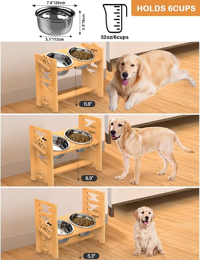 Vantic Elevated Dog Bowls, Adjustable Bowl Stand Large/XLarge, Natural | Bamboo Elevated Feeder with 2 Stainless Steel Bowls, Adjustable Height Stand for Large and Extra-Large Dogs - Image 2