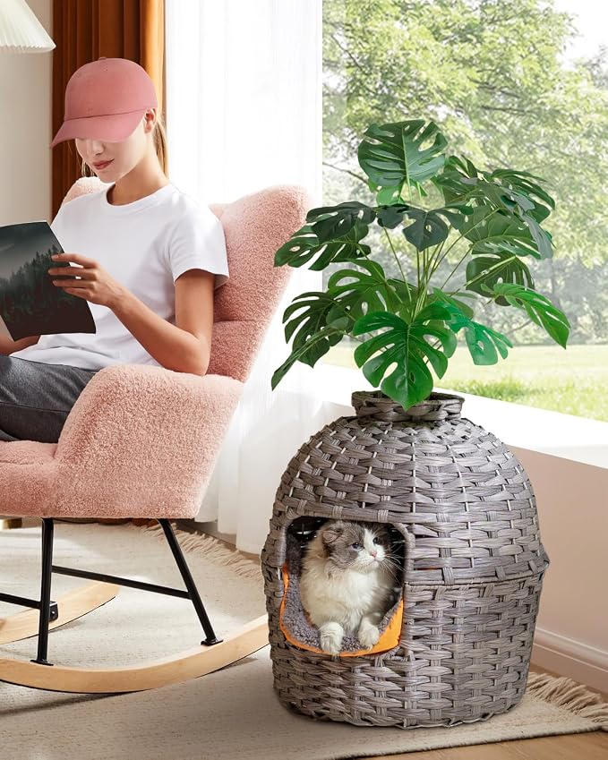 SETVSON Cat Litter Box Plant Enclosure, Hidden PE Rattan Litter Box, Gray | Decorative Planter Design, Handwoven Washable PE Rattan, Removable Top with Artificial Plant & Stones Included, Easy Cleaning - Image 6