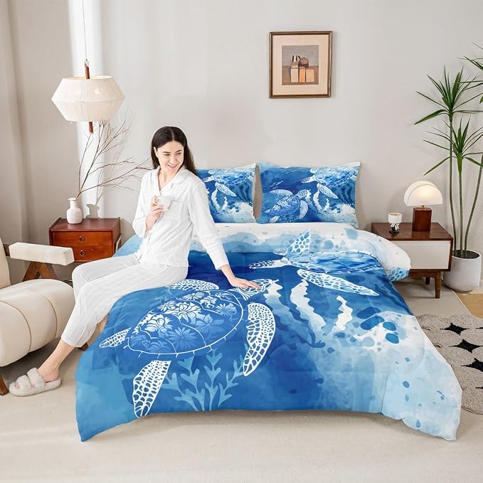 Homewish Sea Turtle Comforter Set King,Octopus Seaweed Silhouette Bedding Set for Kids Teens Girls Room Decor,Navy Blue Tie Dye Quilt Set Undersea Animals Plants Down Comforter 3pcs,2 Pillowcases by Homewish