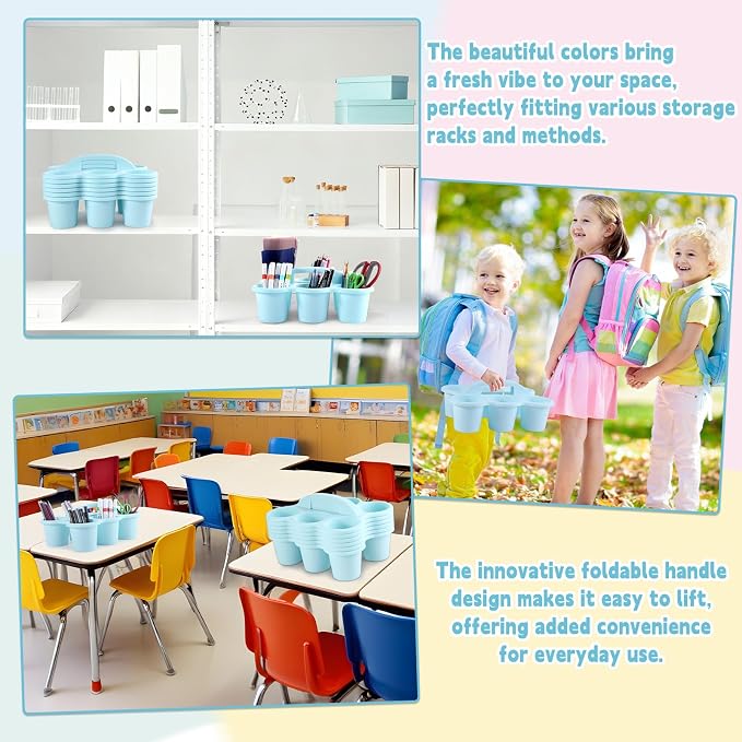 6 Pack Classroom Caddy with Handle Plastic Storage Caddy Organizer with 6 Compartments Drink Cup Caddies Holder Portable Storage Bin for Pencil, Crayon, Marker, Home Office School Supplies(Light Blue) - Image 6