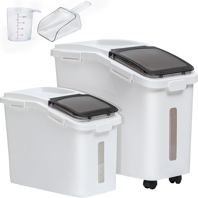 YITAHOME 65L/117lbs Large Ingredient Storage Bins, Commercial 11.4+5.8 Gal Rice Flour Storage Container, Organizer Storage Bin with Measuring Cup, Scoop and Wheels for Kitchen, White & Black Lid by YITAHOME