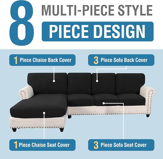 H.VERSAILTEX Sectional Couch Covers 8 Pieces Stretch Sofa Covers for Sectional Sofa Set Separate L Shaped Couch Cover for Both Left/Right Couch (Seat and Back: 1 Chaise + 3 Sofa, Black) - Image 3