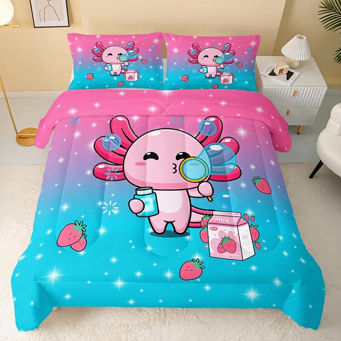 QOOMO Kawaii Axolotl Comforter,Pink Salamander Bedding Set for Kids Teens Girls,3Pcs Bedding Set Printed Comforter with 2 Pillowcases,Down Alternative,Soft and Lightweight(Pink，Full Size) - Image 2