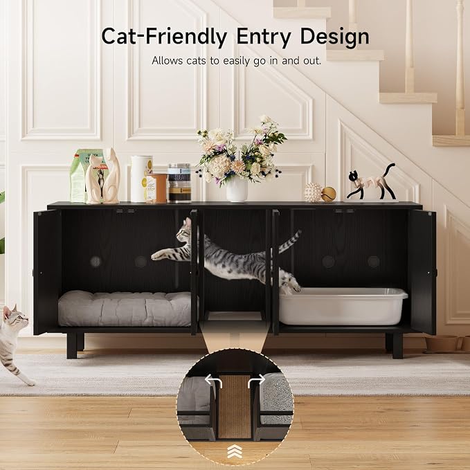 ONBRILL 59 Inches Cat Litter Box Enclosure for 2 Cats, Hidden Litter Boxes Furniture with Cat Scratch Pad, Large Indoor Pet House with Double Room, Wooden TV Stand Side Table, Black - Image 4