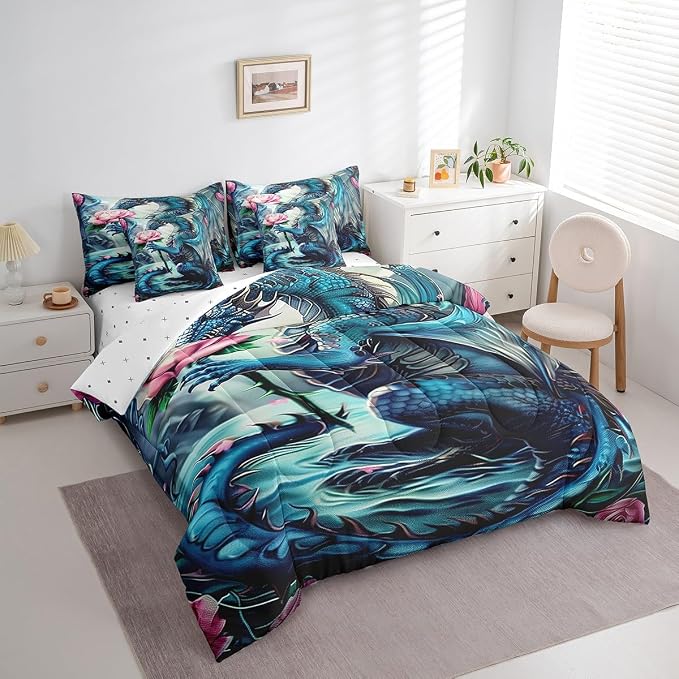Erosebridal Floral Dragon Comforter Sets with Sheets - Magical Animal Bedding Set King for Boys Girls Pink Rose Dragon Theme 7Pcs Bed in A Bag Cute Wildlife Bed Set - Image 3
