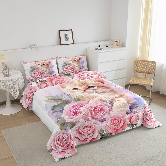 Manfei Kawaii Cat Twin Size Comforter Set for All Seasons,Kids Cute Animal Kitten Pet Bedding Set Teens Bedroom Decor,Floral Pink Rose Blossoms Comforter Inner Fill with 1 Pillowcase - Image 3
