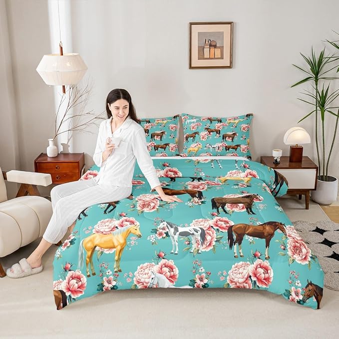 Kids Horse Bedding Set Chic Retro Floral Bedding Comforter Set For Girls Teens Galloping Horse Printed Comforter 3D Wild Farm Animal Duvet Set Bedroom Decor Quilt Set 2Pcs Twin Size, Green Pink - Image 4