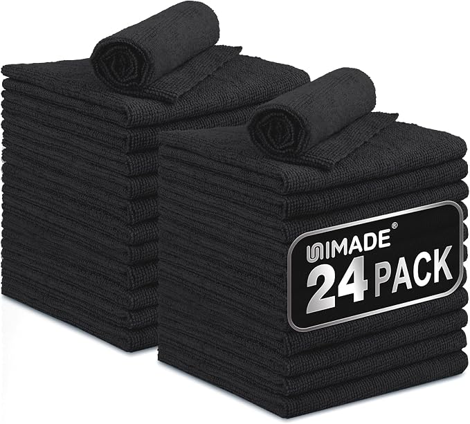 UNIMADE Microfiber Cleaning Cloth, 24 Pack Reusable Microfiber Towels | for Cars Lint Free Cleaning Shop Towel Rags for Home Kitchen Automotive Bar Mechanic Restaurant Garage, 11"x 12", Black by Unimade
