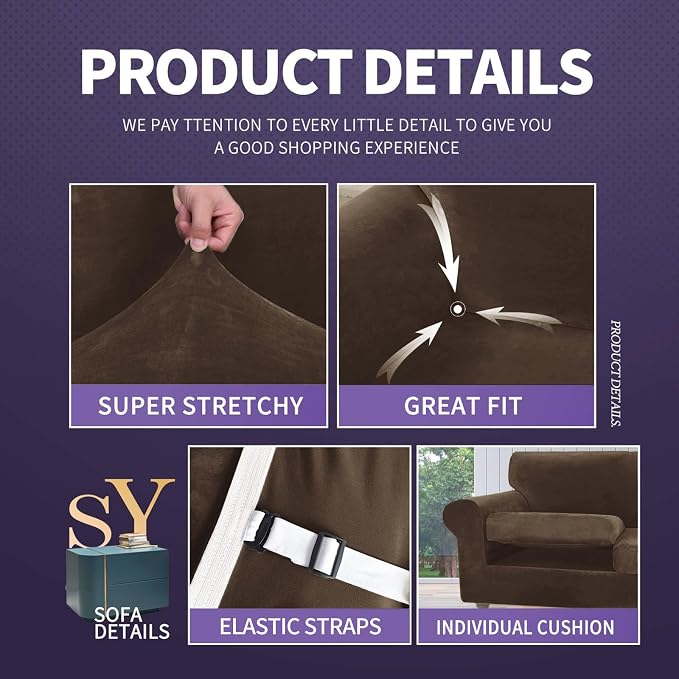 ZNSAYOTX Oversized Velvet 3 Piece Couch Cover with 2 Extra Large Seat Cushion Covers Stretch Sofa Cover for 2 Cushion Couch Thick Soft Loveseat Sofa Slipcover (Dark Coffee), 72"-92"(2 Cushions) - Image 4