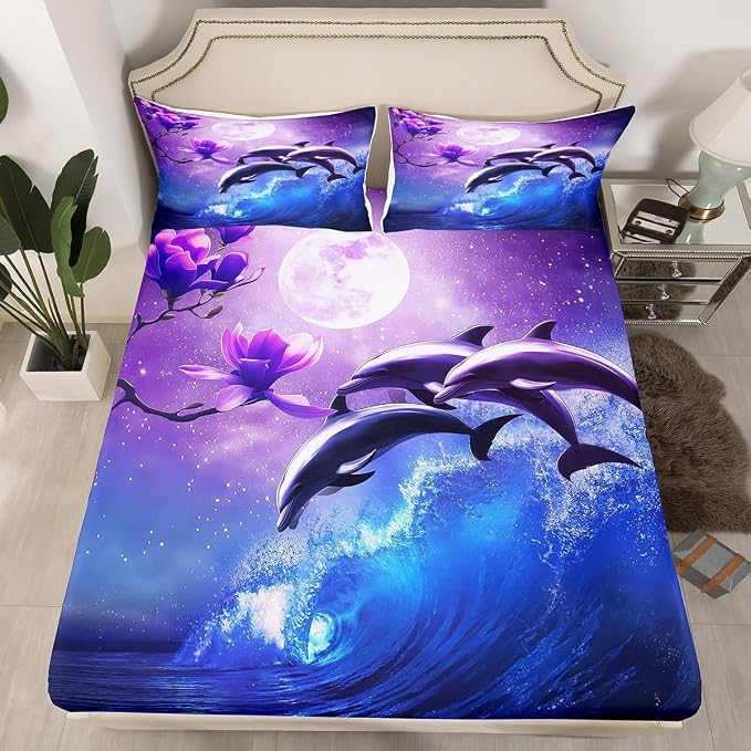 Galaxy Dolphin Sheet Set Twin Size Coastal Ocean Waves Bedding Purple Cherry Blossoms Sea Animal Bed Sheets For Kids Boys Girls Teens Moon Sky Starry Fitted Sheet + Flat Sheet + 1 Pillow Case Blue - Image 2