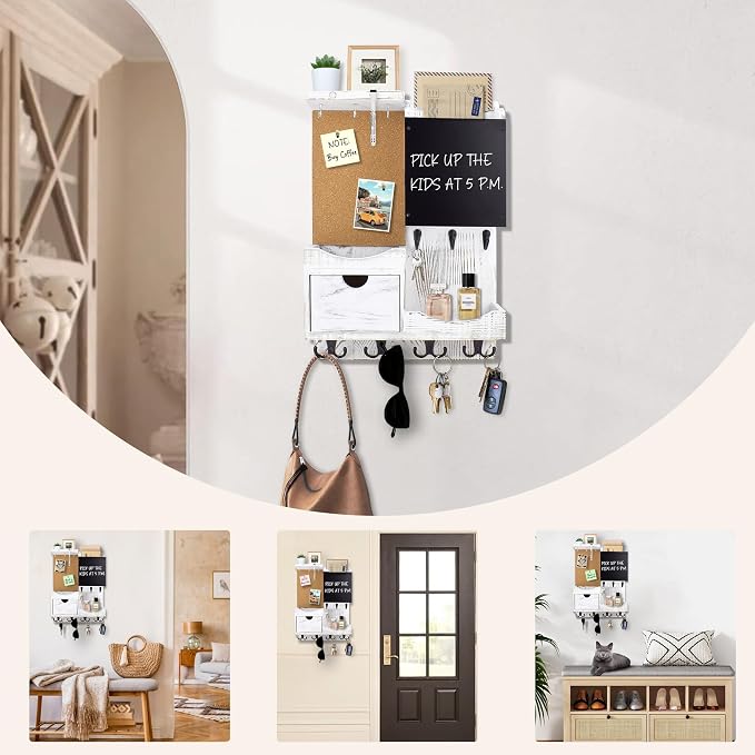 Key Holder Wall Mount， Mail Organizer Key Holder for Wall with Shelf, Drawer, Chalkboard, Corkboard, Home Decor Wall Mounted for Room Entryway(Whitewashed) - Image 8