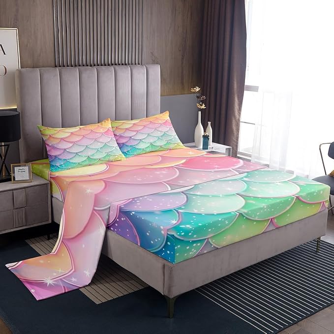 Mermaid Scale Bedding Girly 3D Fish Scale Bed Sheet Set 4 Piece Cute Mermaid Sheet Set Kids Teens Girls Pastel Pink Purple Teal Gold Glitter Bedding Set (1 Fitted Sheet + 1 Flat Sheet + 2 Pillowcase) by Erosebridal