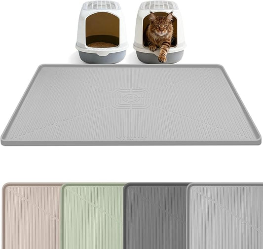 Silicone Cat Litter Mat 45" x 30" Cat Mat for Litter Box, Light Grey | Extra Large Cat Litter Trapping Mat for Floor, Waterproof, Non-Slip Kitty Litter Box Mat with Raised Edge, Easy to Clean by Bartuke