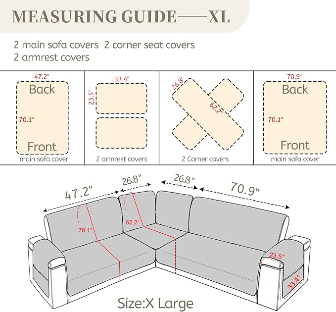 Sectional Couch Covers for Dogs 100% Waterproof Corner L Shaped Sofa Cover Pet Friendly Velvet Washable Anti Slip L Shape Modular Sofa Slipcover Protector with Pockets (Red, X-Large) - Image 2
