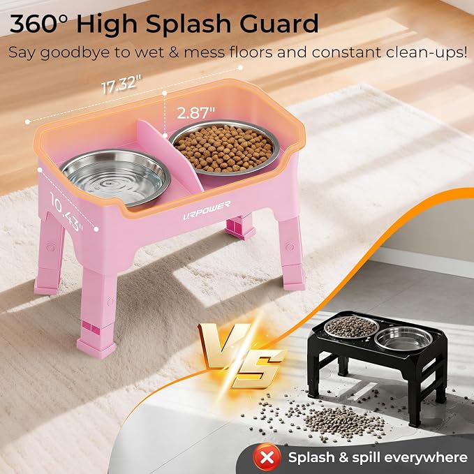 URPOWER Mess Proof Elevated Dog Bowls, Splash Guard Raised Bowl Stand | 4 Height Adjustable Raised Stand with 2 Stainless Steel Food Bowls & Licking Plate for Small, Medium & Large Dogs - Image 3