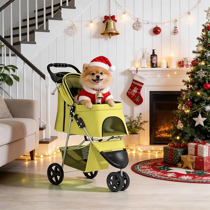 MoNiBloom Foldable Pet Stroller with Waterproof Cover, 3-Wheels Dog Strolling Cart for Small/Medium Dogs and Cats with Storage Basket and Cup Holder, Breathable and Visible Mesh for All-Season, Yellow