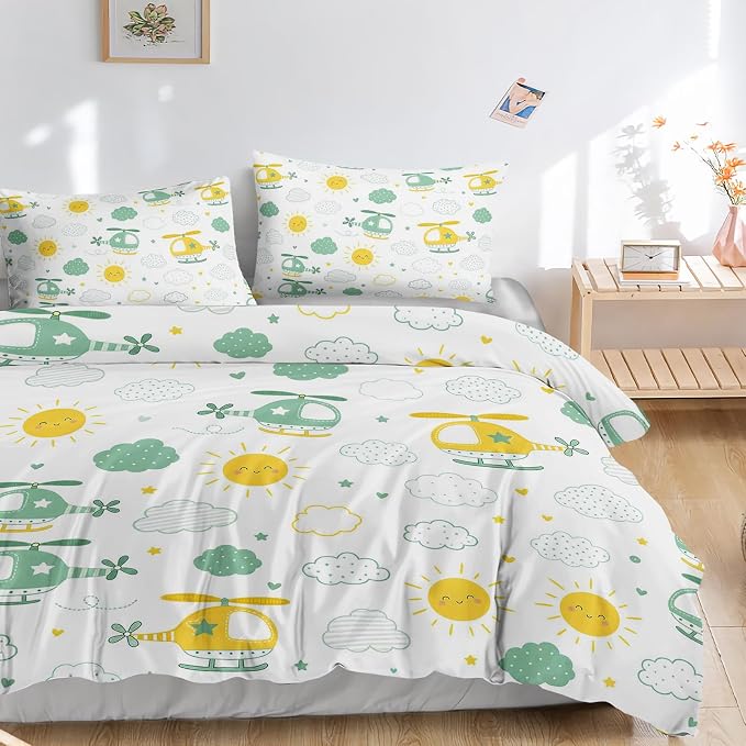AILONEN Helicopter Sky Twin Duvet Cover Set 3 Piece, Sun Cloud Printed Bedding with 2 Pillowcases, Microfiber Zipper Closure, Kids Dorm Room - Image 3
