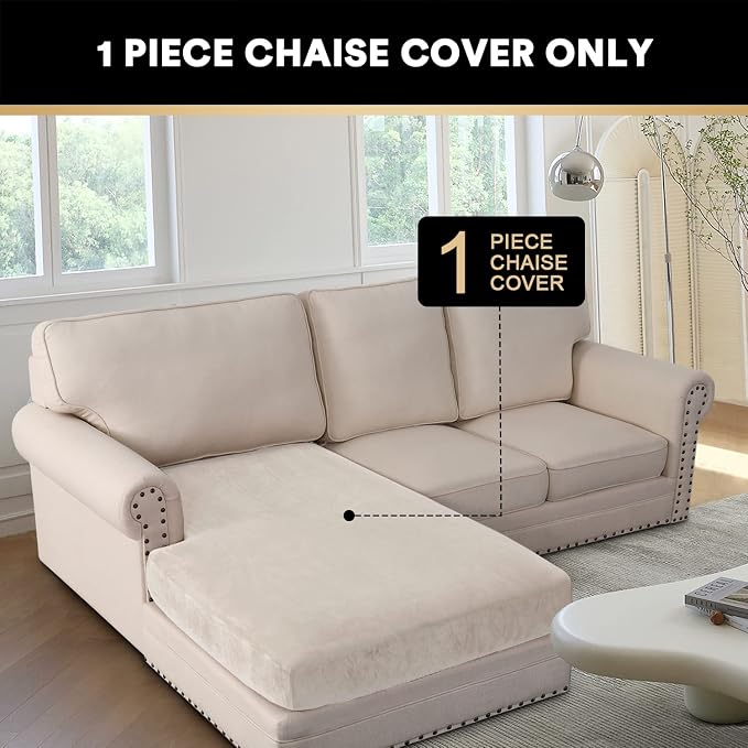 PrinceDeco Sectional Couch Covers Velvet Couch Cover for Dogs Washable L Shaped Couch Cover 1 Piece Individual Sectional Couch Covers with Elastic Bottom(Chaise Lounge,Ivory) - Image 3
