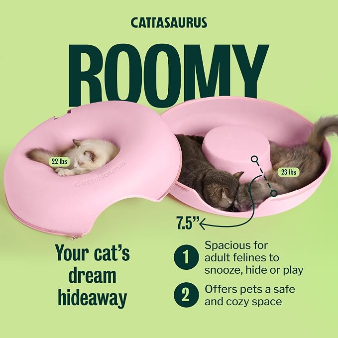 Cattasaurus Peekaboo Cat Cave Donut for Multiple & Large Cats up to 30-45 lbs, 3-in-1 Self Warming Cat Bed, Tunnel & Scratcher for Indoor Cats, Washable & Detachable Small Dog Bed (Pink, Large) - Image 2