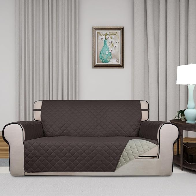 PureFit Reversible Quilted Couch Covers for Dogs Loveseat Sofa Cover 54" | Chocolate/Beige, Water Resistant Couch Protector, Washable Pet Couch Cover with Non Slip and Elastic Straps For Kids - Image 2