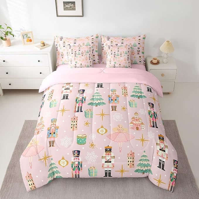 Erosebridal 7Pcs Pink Christmas Comforter Set King Size,Christmas Nutcracker Bedding Set,Dreamy Castle Princess Bed in A Bag,Xmas Galaxy Snow Quilt with Flat Fitted Sheet for Kids Boys Girls - Image 3