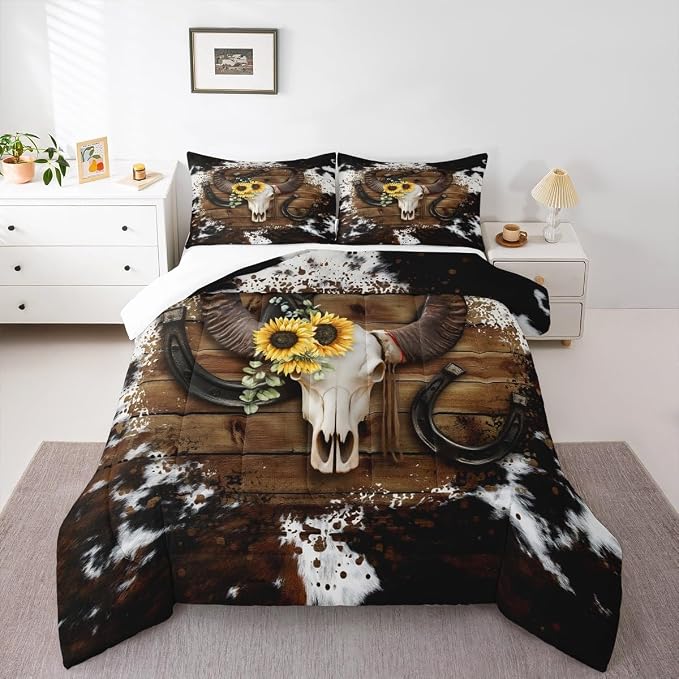 Homewish Cow Skull Kids Comforter Set Queen Size,Cow Fur Wooden Plank Farmhouse Bedding for Boys Girls Men Room Decor,Cowboy Horseshoe Sunflower Down,White Brown Rustic Duvet Insert,2 Pillowcases - Image 5