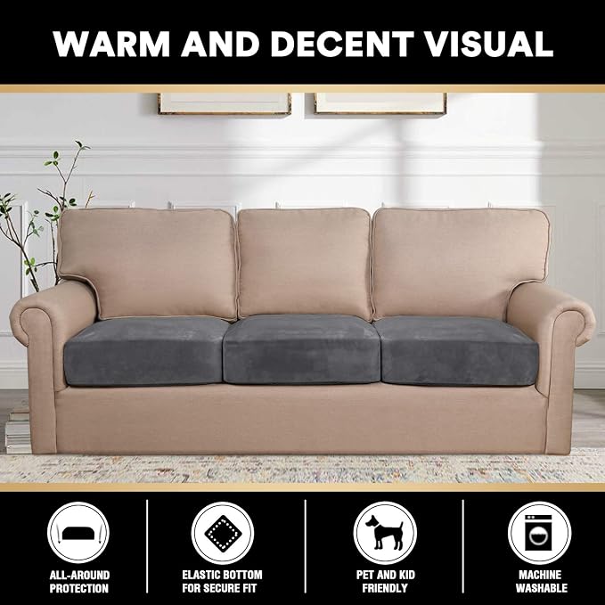 PrinceDeco Stretch Sofa Cushion Covers for Couches and Sofas,Soft Velvet Couch Seat Covers, Sofa Covers Washable, Seat Cushion Cover for 3 Couch Sofa Pet Friendly - Grey, Each Width Up to 29.5" - Image 3