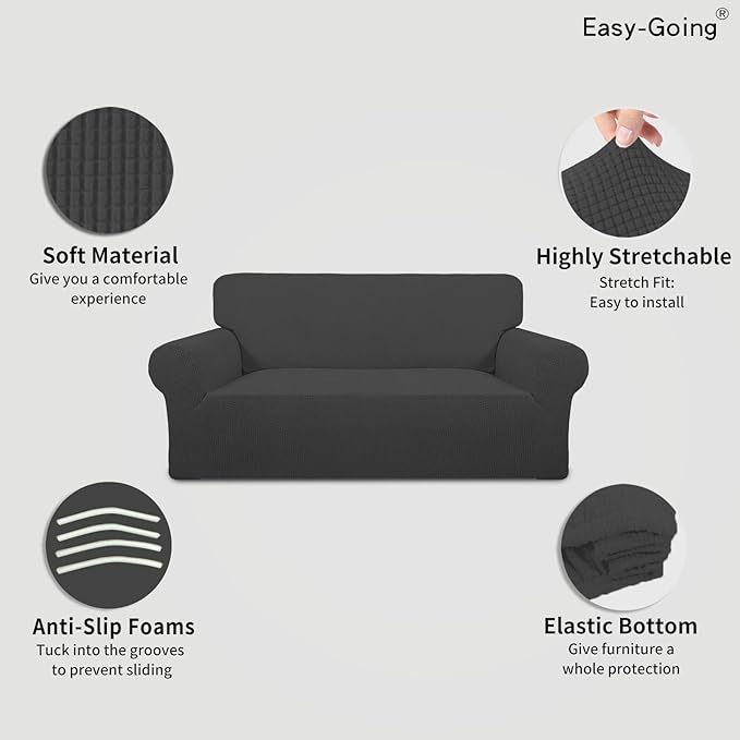 Easy-Going Stretch Loveseat Couch Covers Washable Dark Gray | 1-Piece Loveseat Covers for 2 Cushion Couch Furniture Protector RV Sofa Slipcover Soft with Bottom for Kids Pets - Image 3