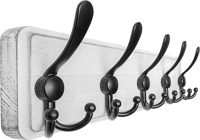 Dseap Coat Rack Wall Mounted - 5 Tri Hooks, Heavy Duty, Wooden Wall Coat Hanger Coat Hook for Clothes Hat Jacket Clothing, White & Black by Dseap