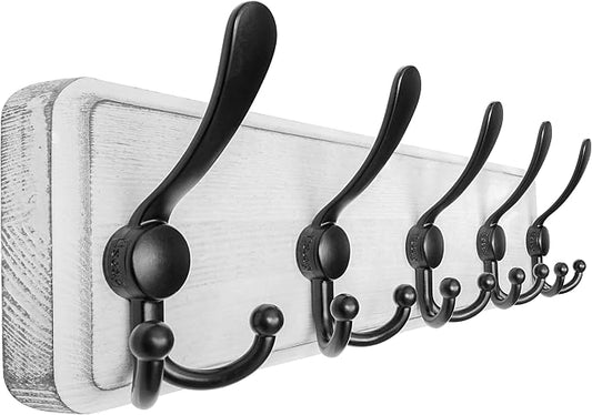 Dseap Coat Rack Wall Mounted - 5 Tri Hooks, Heavy Duty, Wooden Wall Coat Hanger Coat Hook for Clothes Hat Jacket Clothing, White & Black by Dseap