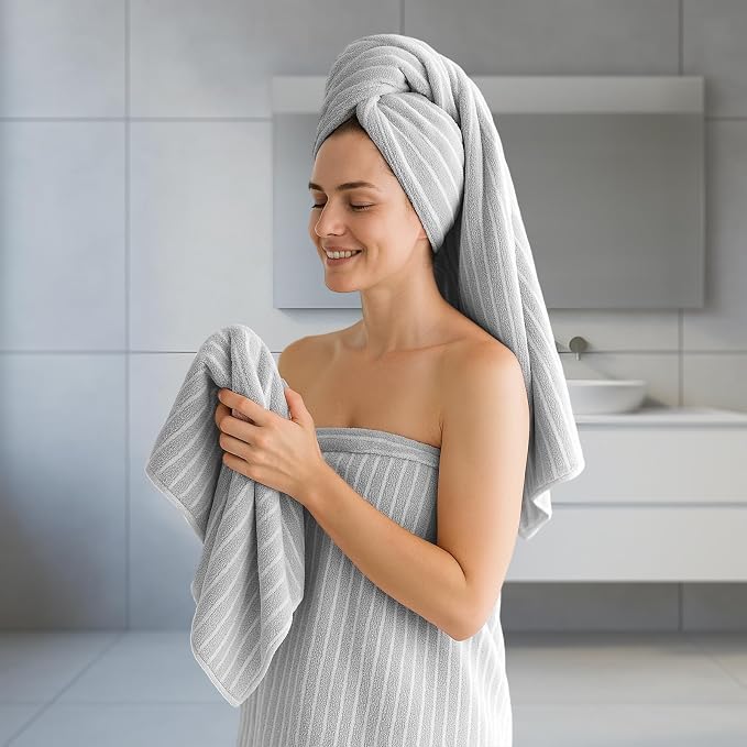 REDKISS 6-Piece Microfiber Bath Towel Set, Ultra Soft, Highly Absorbent & Quick Dry, 35x70 Inch Oversized, Light Gray Towels for Bathroom, Spa, Gym, 2 Bath 2 Hand 2 Washcloths - Image 2