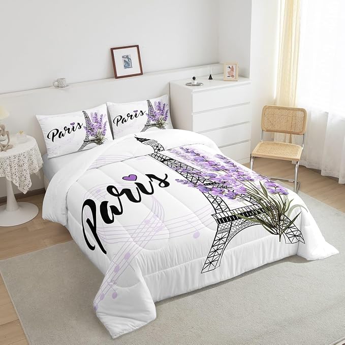 Homewish Eiffel Tower Comforter Set King Size, Purple Lavender Flowers Print Bedding Set, Romantic Paris City Floral Style Decor for Kids Girls Boys Teens, 3pcs Polyester Quilt Duvet Dorm Bedroom, - Image 8