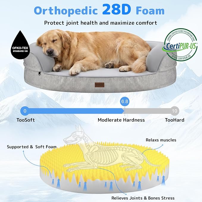 iweepet Cooling Jumbo Dog Beds for Extra Large Dogs, Summer Orthopedic Dog Sofa Bed with Supportive 28D Egg-Crate Foam, Removable Washable Cover, Waterproof Lining, 48’’,Grey - Image 6