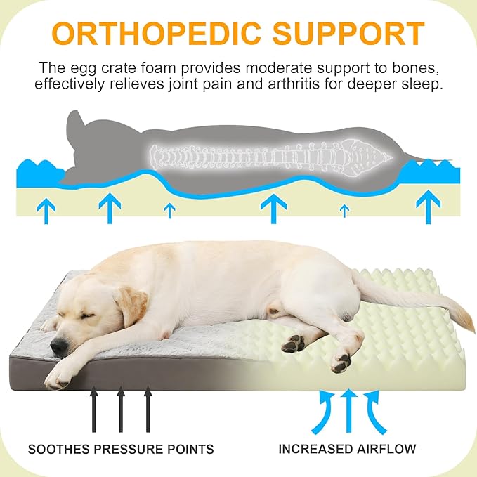 KSIIA Orthopedic Dog Bed for Large Dogs with Waterproof Lining, Grey, 36x27 | Deluxe Soft Plush Dog Crate Bed, Washable Pet Mat with Removable Cover & Egg Crate Foam for Large Dogs Sleeping & Relaxing - Image 2