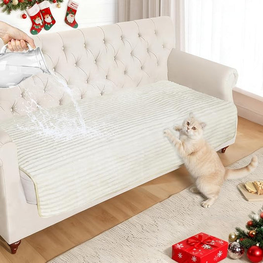 NAISI Couch Covers for Dogs Waterproof Flannel Striped Sofa Cover Pet Friendly Washable Dog Mat for Couch Anti Slip Sectional Sofa Slipcover Protector(1pc/35"x 63",Cream) by NAISI