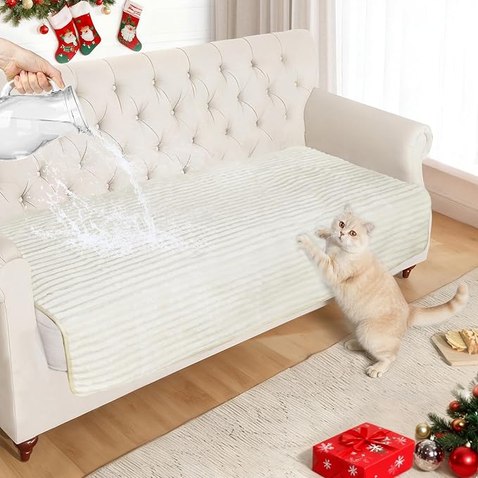 NAISI Couch Covers for Dogs Waterproof Flannel Striped Sofa Cover Pet Friendly Washable Dog Mat for Couch Anti Slip Sectional Sofa Slipcover Protector(1pc/35"x 94",Cream) by NAISI