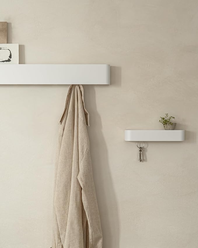 Kazai. Coat Rack Wall Mount with Shelf 'Tone' | Modern Design Coat Hanger with Hidden Hooks and Storage | Hat Rack with Shelf in Metal | Wall-Mounted Purse Organizer | White - Image 8