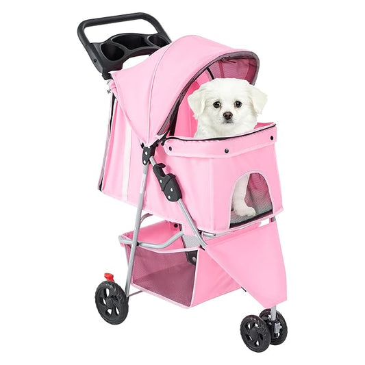 Sweetcrispy 3 Wheels Pet Stroller for Small Dogs and Cats – Foldable Dog Stroller with Mesh Windows, Storage Basket & Cup Holder, Lightweight & Durable Pet Carrier for Travel, Outdoor Use, Pink