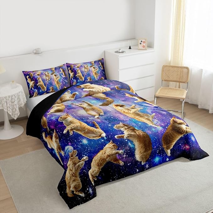Feelyou Cats Comforter Set Galaxy Cute Cat Bedding Set for Kids Boys Girls University Planets Pet Cat Theme Design Comforter Fun Lovely Animals Quilt Set Bedroom Collection 2Pcs Twin Size - Image 2