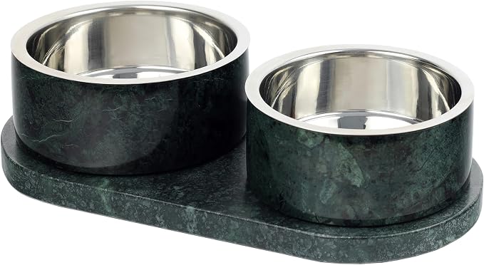 DBL1000A Marbre Small/Medium Modern Weighted Double Marble and Stainless Steel Bowl 12oz (1.5 Cups) Feeder with Non-Slip Marble Tray Set, Green - Image 6