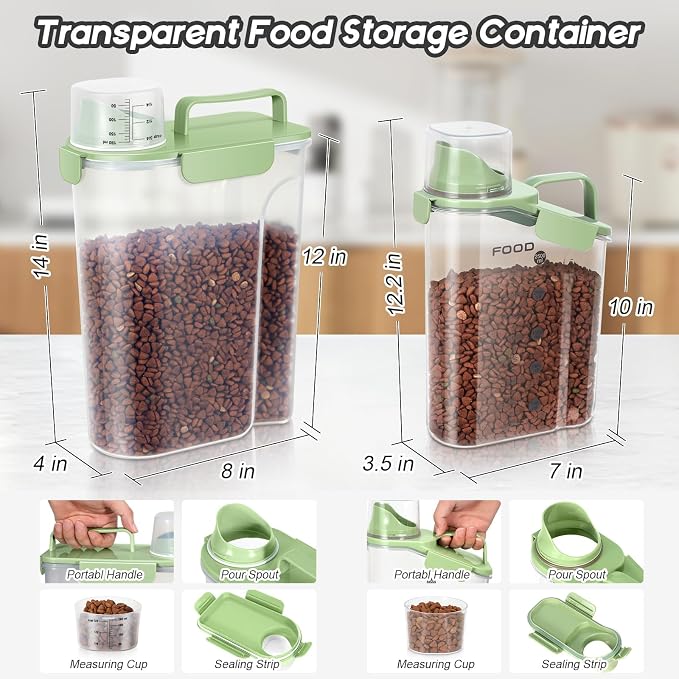 LEAWALK 5-7Lbs Dog Cat Food Storage Container with Upgraded Large Nozzle BPA-free, 4 Snap Seals Plastic Pet Food Storage Containers with Handles (Green x 2, (5L+3L) 2pack) - Image 2