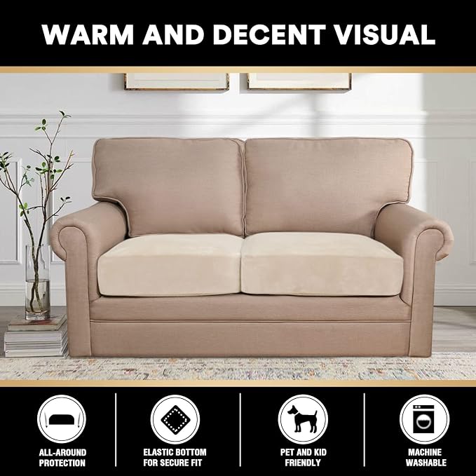 PrinceDeco Velvet Couch Cushion Cover Soft Stretch Cushion Slipcover for Chair Loveseat Sofa Cushion Furniture Protector Seat Cushion Sofa Cover (2 Piece Large Sofa Cushion Covers, Ivory) - Image 3