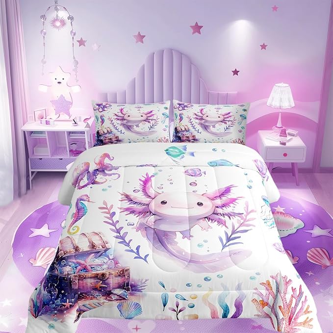 Manfei Cute Axolotl Comforter Set,Kids Salamander Animals Bedding Set Kids Teens Modern Decor,Coral Underwater World Comforter with 1 Pillowcase for All Seasons,Twin by Manfei